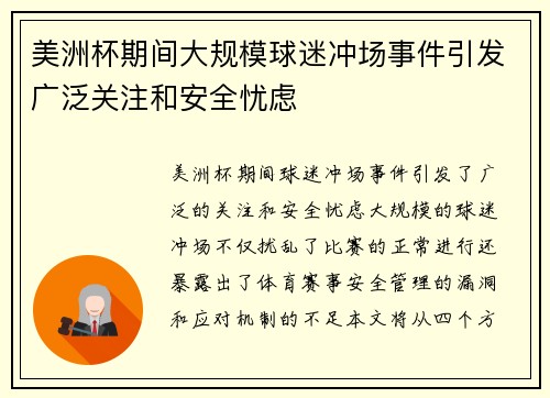 美洲杯期间大规模球迷冲场事件引发广泛关注和安全忧虑