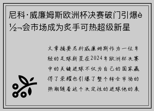 尼科·威廉姆斯欧洲杯决赛破门引爆转会市场成为炙手可热超级新星